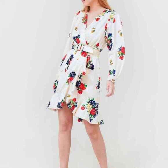 Tory Burch White Multicolor Ruffle Floral Printed Silk Wrap Dress Belted 10 NWT - Picture 7 of 8